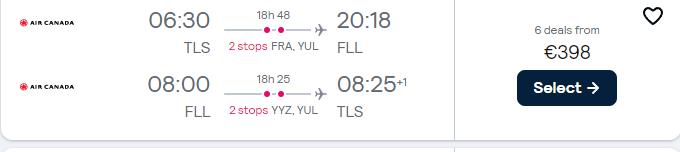 Click here to book this cheap flight deal. Cheap flights from Toulouse, France to Fort Lauderdale, USA for only €398 roundtrip with Lufthansa and Air Canada. Flight deal ticket image.