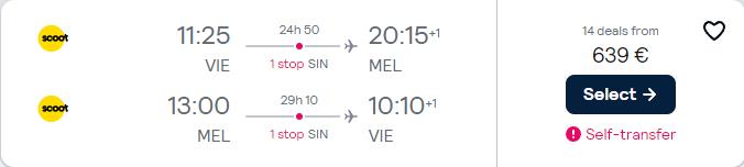 Click here to book this cheap flight deal. Cheap flights from Vienna, Austria to Melbourne, Australia for only €639 roundtrip. Flight deal ticket image.