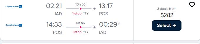 Cheap flights from Washington DC to Trinidad for only $282 roundtrip with Copa Airlines. Flight deal ticket image.