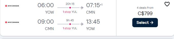 Cheap flights from Ottawa, Canada to Casablanca, Morocco for only $799 CAD roundtrip with Air Canada. Flight deal ticket image.