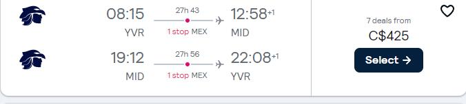 Cheap flights from Vancouver, Canada to Merida, Mexico for only $425 CAD roundtrip with Aeromexico. Flight deal ticket image.
