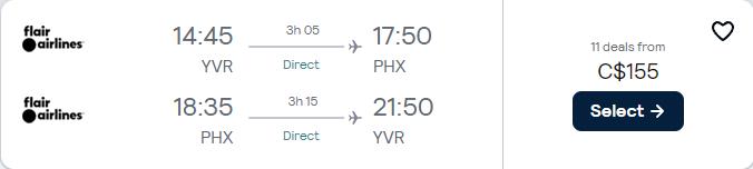 Click here to book this cheap flight deal. Non-stop flights from Vancouver, Canada to Phoenix, Arizona for only $155 CAD roundtrip. Flight deal ticket image.