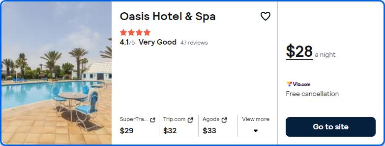 Click here to book this cheap flight deal. Stay at the 4* Oasis Hotel & Spa in Agadir, Morocco for only $28 USD per night. Flight deal ticket image.