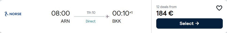 Click here to book this cheap flight deal. Non-stop flights from Stockholm, Sweden to Bangkok, Thailand for only €184 one-way. Flight deal ticket image.