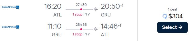 Cheap flights from Atlanta to Sao Paulo, Brazil for only $304 roundtrip with Copa Airlines. Flight deal ticket image.