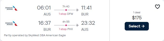 Click here to book this cheap flight deal. Cheap flights from Austin, Texas to Burbank, California for only $175 roundtrip with American Airlines. Also works in reverse. Flight deal ticket image.