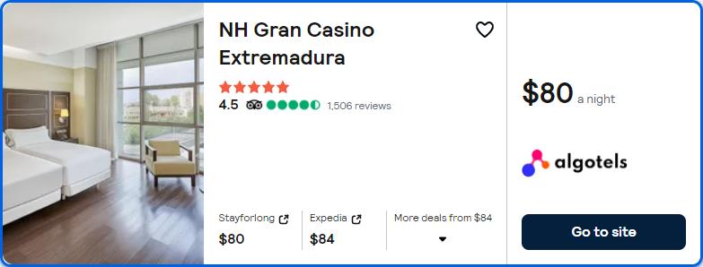 Click here to book this cheap flight deal. Stay at the 5* NH Gran Casino Extremadura in Badajoz, Spain for only $80 USD per night. Flight deal ticket image.