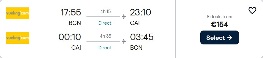 Non-stop flights from Barcelona, Spain to Cairo, Egypt for only €154 roundtrip. Flight deal ticket image.