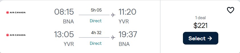 Non-stop, summer flights from Nashville to Vancouver, Canada for only $221 roundtrip with Air Canada. Flight deal ticket image.