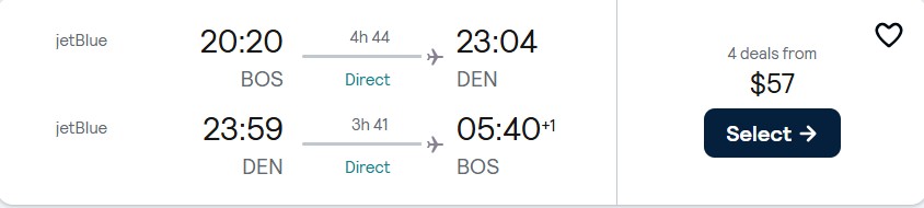 Non-stop flights from Boston to Denver, Colorado for only $57 roundtrip with JetBlue. Also works in reverse. Flight deal ticket image.