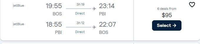 Non-stop flights from Boston to West Palm Beach, Florida for only $95 roundtrip with JetBlue. Also works in reverse. Flight deal ticket image.