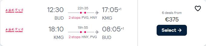 Cheap flights from Budapest, Hungary to Kunming, China for only €375 roundtrip. Flight deal ticket image.