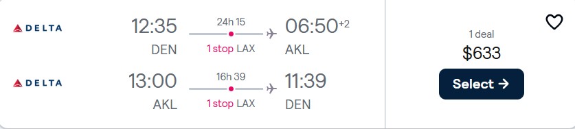 Cheap flights from Denver or Houston to Auckland, New Zealand from only $633 roundtrip with Delta Air Lines. Flight deal ticket image.