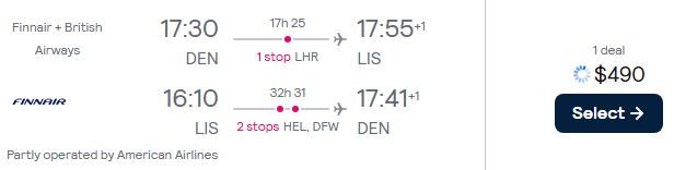 Cheap flights from Denver, Colorado to Lisbon, Portugal for only $490 roundtrip with British Airways, Finnair and American Airlines. Flight deal ticket image.