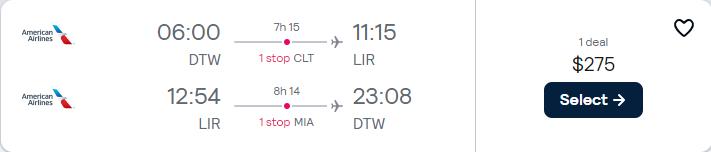 Cheap flights from Detroit to Liberia, Costa Rica for only $275 roundtrip with American Airlines. Flight deal ticket image.