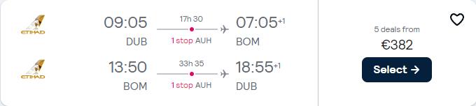 Cheap flights from Dublin, Ireland to Mumbai or Delhi, India from only €382 roundtrip with Etihad Airways. Flight deal ticket image.