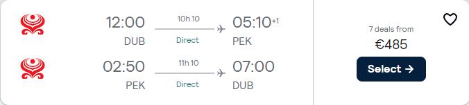 Non-stop flights from Dublin, Ireland to Beijing, China for only €485 roundtrip with Hainan Airlines. Flight deal ticket image.