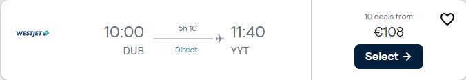 Cheap flights from Dublin, Ireland to Canadian cities from only €108 one-way. Flight deal ticket image.