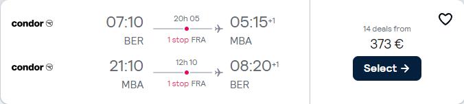 Cheap flights from Berlin or Frankfurt, Germany to Mombasa, Kenya from only €373 roundtrip. Flight deal ticket image.
