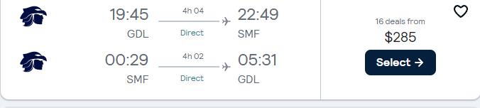Non-stop flights from Guadalajara, Mexico to Sacramento, California for only $285 USD roundtrip with Aeromexico. Flight deal ticket image.