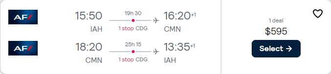 Cheap flights from Houston, Texas to Casablanca, Morocco for only $595 roundtrip with Air France. Flight deal ticket image.