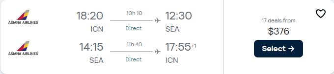 Click here to book this cheap flight deal. Non-stop flights from Seoul, South Korea to Seattle, USA for only $376 USD roundtrip with Asiana Airlines. Flight deal ticket image.