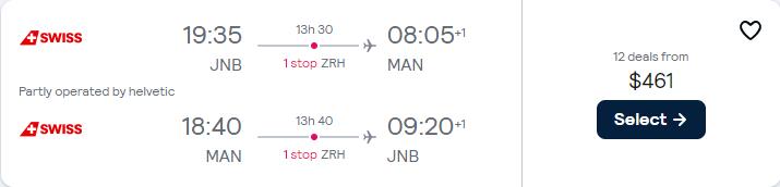 Click here to book this cheap flight deal. Cheap flights from Johannesburg, South Africa to Manchester, UK for only $461 USD roundtrip with Swiss International Air Lines. Flight deal ticket image.