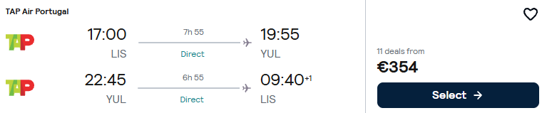 Click here to book this cheap flight deal. Non-stop flights from Lisbon, Portugal to Montreal, Canada for only €354 roundtrip with TAP Air Portugal. Flight deal ticket image.