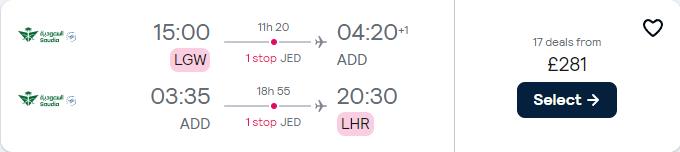 Cheap flights from London or Manchester, UK to Addis Ababa, Ethiopia from only £281 roundtrip. Flight deal ticket image.