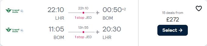 Click here to book this cheap flight deal. Cheap flights from London, UK to Mumbai, India for only £272 roundtrip. Flight deal ticket image.