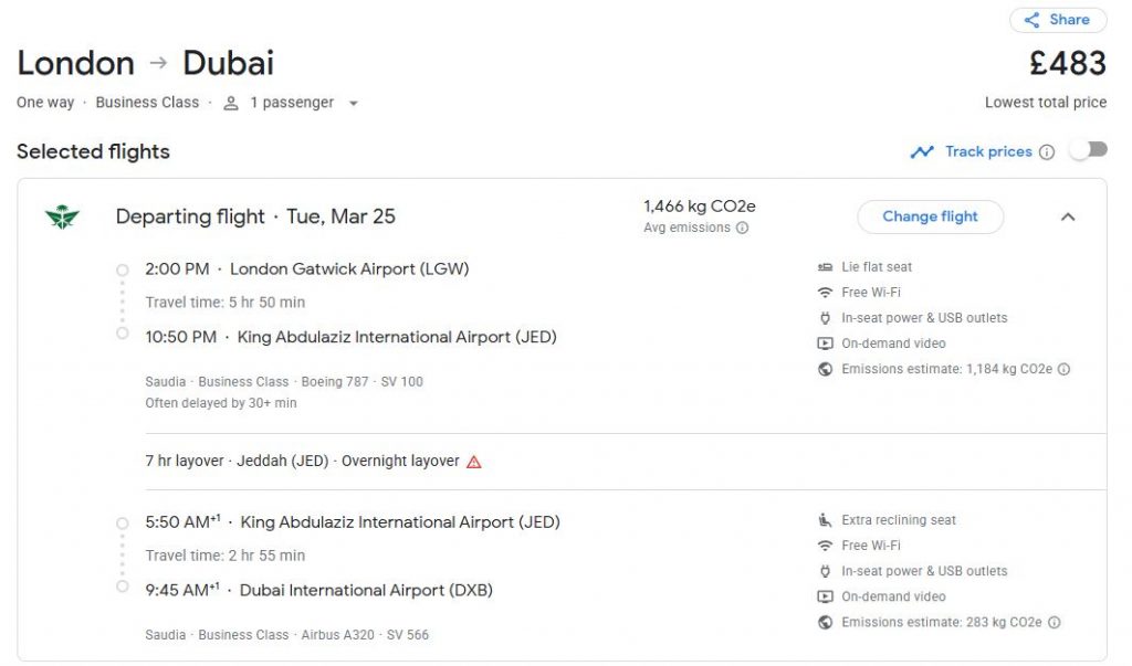 Business Class flights from UK cities to the Middle East from only £483 one-way with Saudia. Flight deal ticket image.