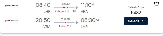 Cheap flights from London or Edinburgh, UK to Varadero, Cuba from only £482 roundtrip with Swiss International Air Lines and Air Canada. Flight deal ticket image.