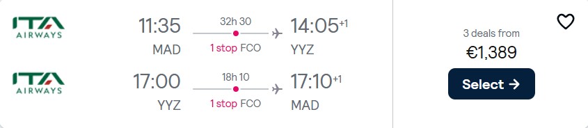 Business Class, summer flights from Madrid, Spain to Toronto, Canada for only €1389 roundtrip. Flight deal ticket image.