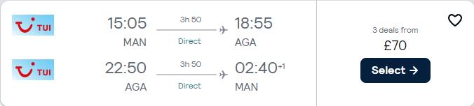 Non-stop flights from Manchester, UK to Agadir, Morocco for only £70 roundtrip. Flight deal ticket image.
