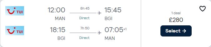Non-stop flights from Manchester, UK to Barbados for only £280 roundtrip. Flight deal ticket image.