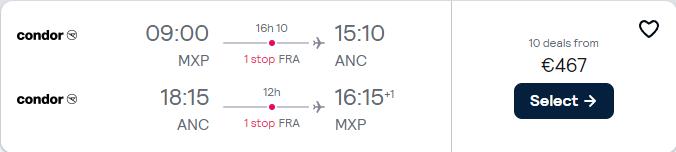 Cheap flights from Milan or Rome, Italy to Anchorage, Alaska from only €467 roundtrip. Flight deal ticket image.