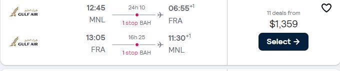 Business Class flights from Manila, Philippines to Frankfurt, Germany for only $1359 USD roundtrip. Flight deal ticket image.