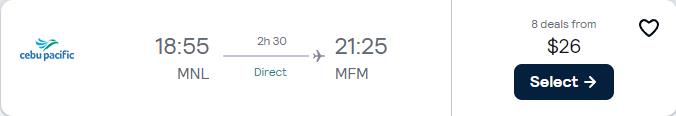 Non-stop, last second flights from Manila, Philippines to Macau, China for only $26 USD one-way. **Flight departs tomorrow – 1st April 2025** Flight deal ticket image.