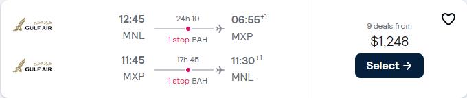 Business Class flights from Manila, Philippines to Milan, Italy for only $1248 USD roundtrip. Flight deal ticket image.