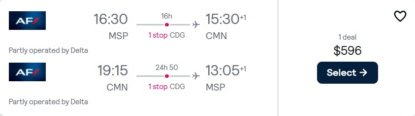 Cheap flights from Minneapolis to Casablanca, Morocco for only $596 roundtrip with Delta Air Lines and Air France. Flight deal ticket image.