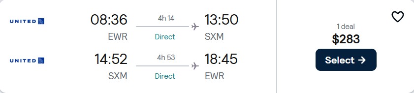 Non-stop flights from New York to St. Martin for only $283 roundtrip with United Airlines. Flight deal ticket image.