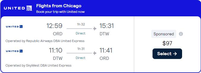 Non-stop flights from Chicago to Detroit for only $97 roundtrip with United Airlines. Also works in reverse. Flight deal ticket image.