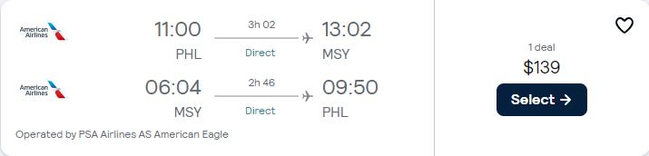 Non-stop flights from Philadelphia to New Orleans for only $139 roundtrip with American Airlines. Also works in reverse. Flight deal ticket image.
