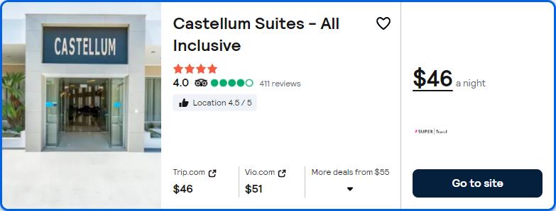 Stay at the 4* Castellum Suites - All Inclusive in Rhodes, Greece for only $46 USD per night. Flight deal ticket image.