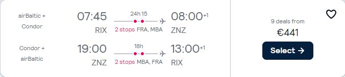 Cheap flights from Riga, Latvia to Zanzibar, Tanzania for only €441 roundtrip. Flight deal ticket image.