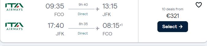 Non-stop flights from Rome, Italy to New York, USA for only €321 roundtrip. Flight deal ticket image.