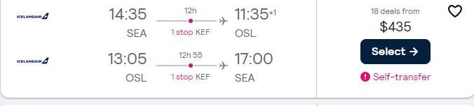 Cheap flights from Seattle to Oslo, Norway or Copenhagen, Denmark from only $435 roundtrip. Flight deal ticket image.
