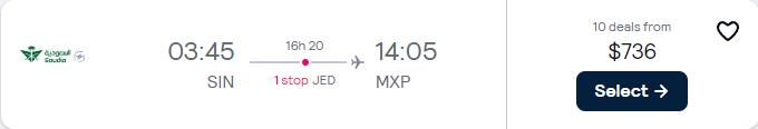 Business Class flights from Singapore to Milan, Italy or Vienna, Austria from only $736 USD one-way. Flight deal ticket image.