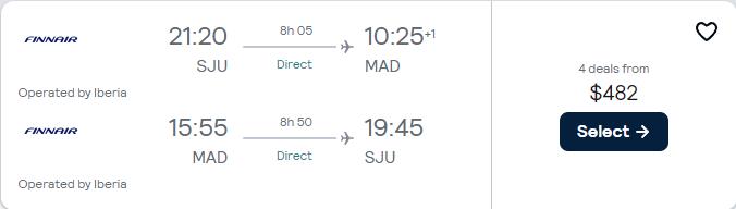 Non-stop flights from San Juan, Puerto Rico to Madrid, Spain for only $482 USD roundtrip with Iberia. Flight deal ticket image.