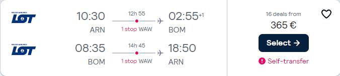 Cheap flights from Stockholm, Sweden to Mumbai, India for only €365 roundtrip with LOT Polish Airlines. Flight deal ticket image.